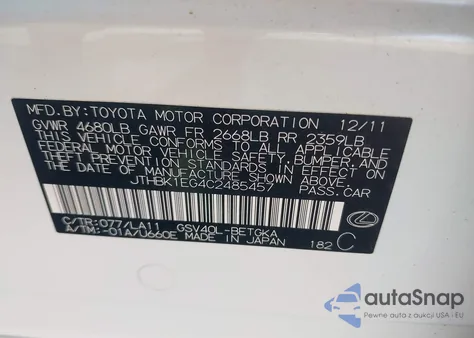 2012 Lexus Es 350 z USA, uszkodzony, nr VIN JTHBK1EG4C2485457